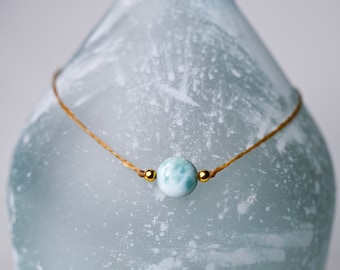 Larimar Coin Choker, 14k Gold, Braided Cord, Boho Beach Necklace