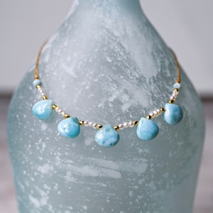 Larimar Necklace for Women, Freshwater Pearl Jewelry, Natural Larimar Stone, Handmade Jewelry, Boho Necklace, Gift for Her, Bridal Jewelry