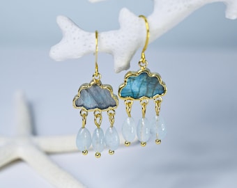 Labradorite and Aquamarine Rain Cloud Chandelier Earrings, Gold Boho Jewelry