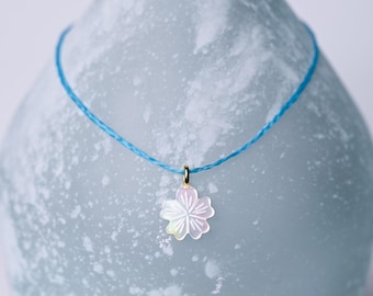 MOP Jasmine Flower Pendant Necklace, Gold Accents, Turquoise Cord, Custom Sizes