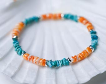 Natural Turquoise & Spiny Oyster Shell Nugget Heishi Bracelet: Handmade Beach Jewelry