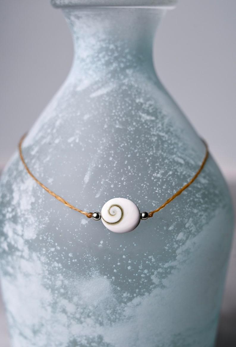 May include: A simple necklace with a white shell pendant and silver beads on a brown cord.