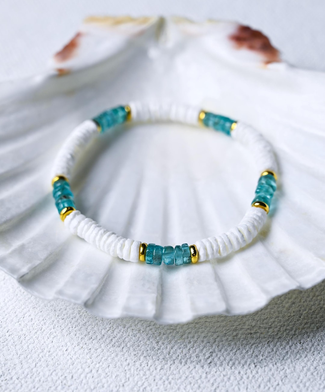 Aqua Apatite & Puka Shell Bracelet: 24k Gold Accents, Beach Jewelry - Etsy