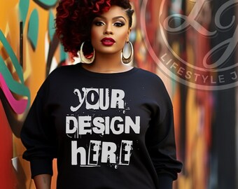 Gildan 18000 Black Sweatshirt Mockup: African American Woman (PNG)