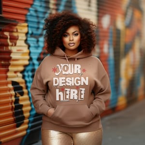 Tan Hoodie Mockup Black Model Mockup Gildan 18000 Sweatshirt Mockup Black Girl Mockup African American Woman Tan Hoodie Mock Up