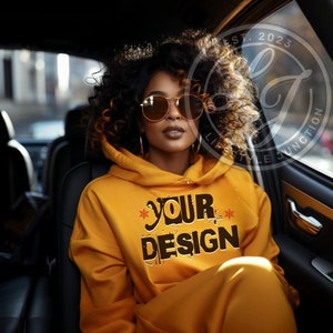 Gold Sweatshirt Mockup Black Model Mockup Gildan 18000 Sweatshirt Mockup Black Girl Mockup African American Woman Yellow Sweatshirt Mock Up