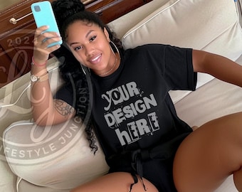 Bella Canvas 3001 Black T-shirt Mockup: African American Model (PNG)