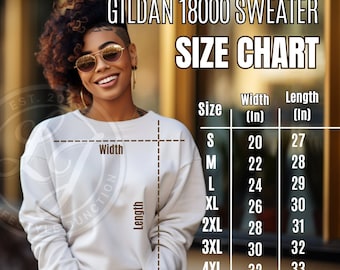 May include: Size chart for Gildan 18000 sweaters, showing width and length measurements in inches for sizes S through 5XL.