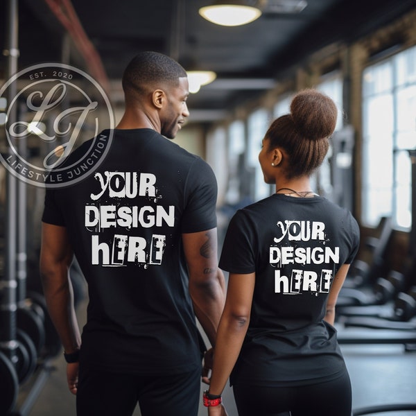 gym Couple Back Mockup Black Bella Canvas 3001 tshirt Mockup Couples Black Model mockup Bella Canvas 3001 Couples Mockup Black Bella Canvas