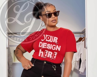 Red Bella Canvas 3001 T-shirt Mockup: Black Model (PNG)