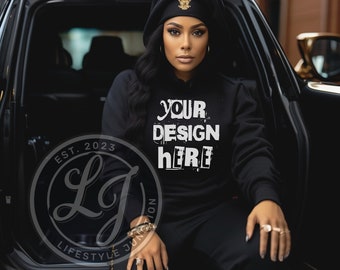 Female hoodie Mockup Black Model Mockup Gildan 18500 Sweatshirt Mockup Black Girl Mockup African American Woman Black Sweater Mock Up