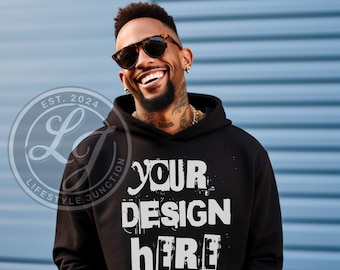 Maqueta de sudadera negra con capucha: Sudadera Gildan 18500, estilo urbano (PNG)