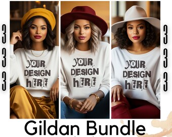 Mockupbundel Gildan-sweater: zwart model, witte sweater (digitale jpg-download)