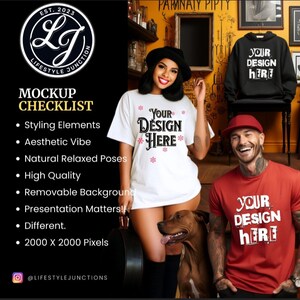 May include: Mockup checklist for t-shirt design featuring two people wearing white and red t-shirts with the text "Your Design Here" on them. The image also includes a black hoodie with the same text. The checklist includes items such as styling elements, aesthetic vibe, natural relaxed poses, high quality, removable background, presentation matters, different, and 2000 x 2000 pixels.