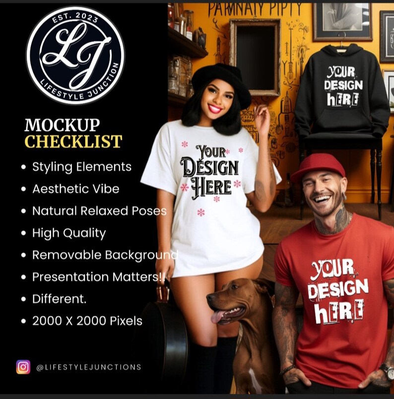 May include: Mockup checklist for t-shirt design featuring two people wearing white and red t-shirts with the text "Your Design Here" on them. The image also includes a black hoodie with the same text. The checklist includes items such as styling elements, aesthetic vibe, natural relaxed poses, high quality, removable background, presentation matters, different, and 2000 x 2000 pixels.