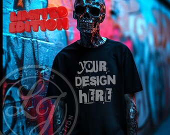 Halloween Tshirt mockup black Bella Canvas 3001 T-shirt Mockup skeleton Model Mockup Diverse Mockups