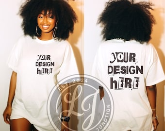 African American female white oversized TShirt Mockup front and back view - Etsy Store Branding and Graphic Design Mockup - Digital Download