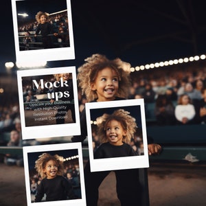 Puede incluir: Cuatro maquetas de fotos instant&aacute;neas con un ni&ntilde;o peque&ntilde;o con el pelo rizado que lleva una camiseta negra y pantalones negros. El ni&ntilde;o sonr&iacute;e y mira a la c&aacute;mara. Las maquetas est&aacute;n sobre un fondo borroso de una multitud de personas en un estadio. El texto "Mock ups" est&aacute; escrito en blanco sobre fondo negro en la maqueta superior. El texto "Upscale your business with High-Quality Resolution Photos Instant Download" est&aacute; escrito en blanco sobre fondo negro en la segunda maqueta.