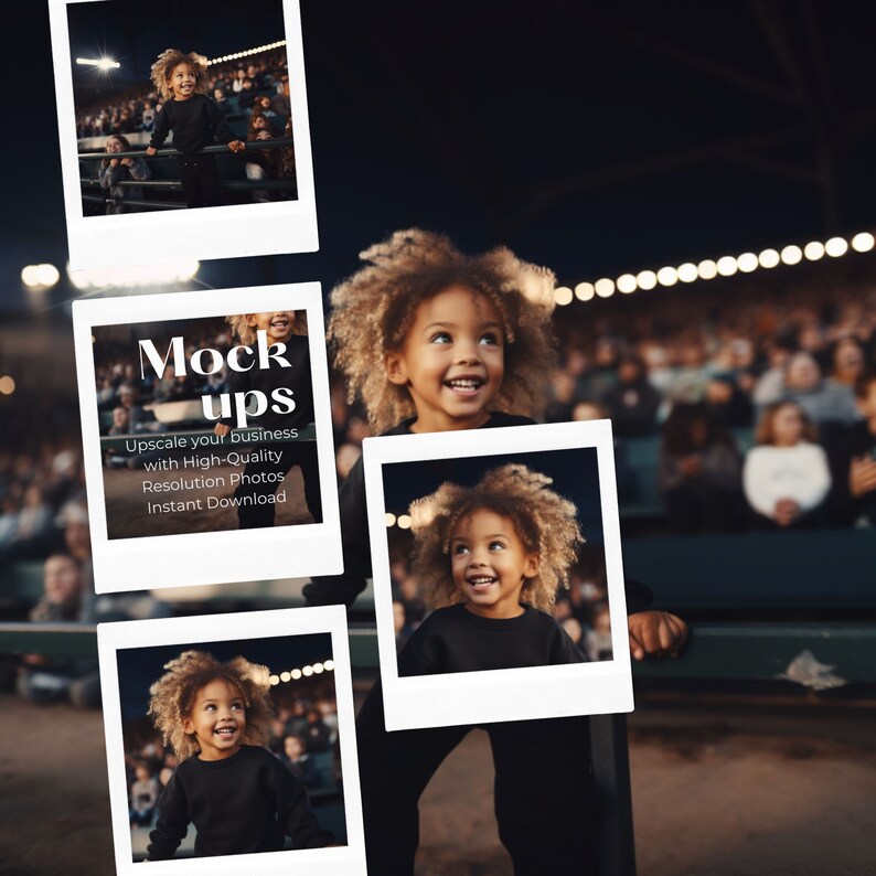 Puede incluir: Cuatro maquetas de fotos instant&aacute;neas con un ni&ntilde;o peque&ntilde;o con el pelo rizado que lleva una camiseta negra y pantalones negros. El ni&ntilde;o sonr&iacute;e y mira a la c&aacute;mara. Las maquetas est&aacute;n sobre un fondo borroso de una multitud de personas en un estadio. El texto "Mock ups" est&aacute; escrito en blanco sobre fondo negro en la maqueta superior. El texto "Upscale your business with High-Quality Resolution Photos Instant Download" est&aacute; escrito en blanco sobre fondo negro en la segunda maqueta.