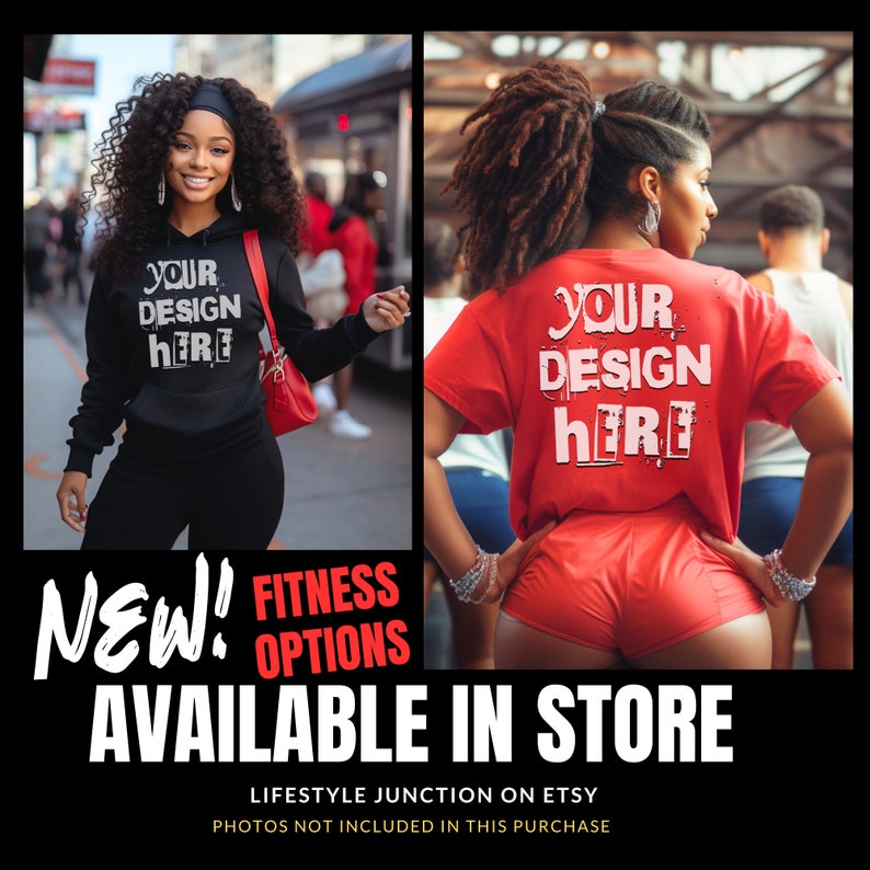 Peut inclure: Deux femmes portant des v&ecirc;tements de sport noirs et rouges avec le texte "YOUR DESIGN HERE" sur le devant. Le texte est dans un encadr&eacute; rouge. L'image est une maquette pour un design de v&ecirc;tements de sport.