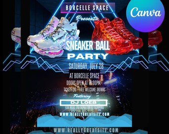Pode incluir: Um panfleto para uma festa Sneaker Ball no Borcelle Space no sábado, 28 de julho. O panfleto apresenta um par de tênis brancos com luzes de néon e um par de tênis vermelhos com um design transparente. O panfleto também inclui o texto "Sneaker Ball Party" e "DJ Loeb".
