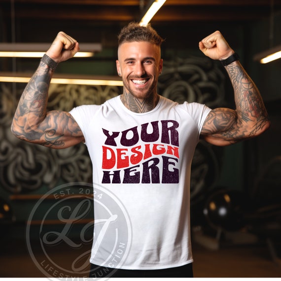 Gym T-Shirt Mockup: Male Model, White Bella Canvas (PNG)