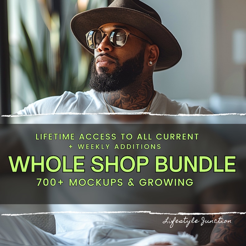 Puede incluir: Un dise&ntilde;o gr&aacute;fico para un paquete de tienda con un hombre que lleva un sombrero y gafas de sol. El texto dice "LIFETIME ACCESS TO ALL CURRENT + WEEKLY ADDITIONS WHOLE SHOP BUNDLE 700+ MOCKUPS & GROWING Lifestyle Junction".