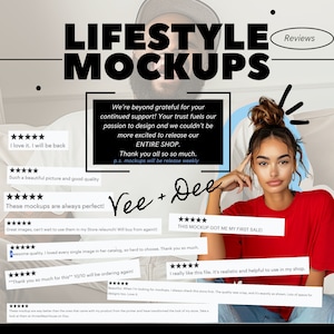 Op de afbeelding: Een collage van klantbeoordelingen voor lifestyle mockups. De beoordelingen zijn positief en benadrukken de kwaliteit en bruikbaarheid van de mockups. De tekst bevat zinnen als "Deze mockups zijn altijd perfect!" en "Met deze mockup heb ik mijn eerste verkoop gedaan!"