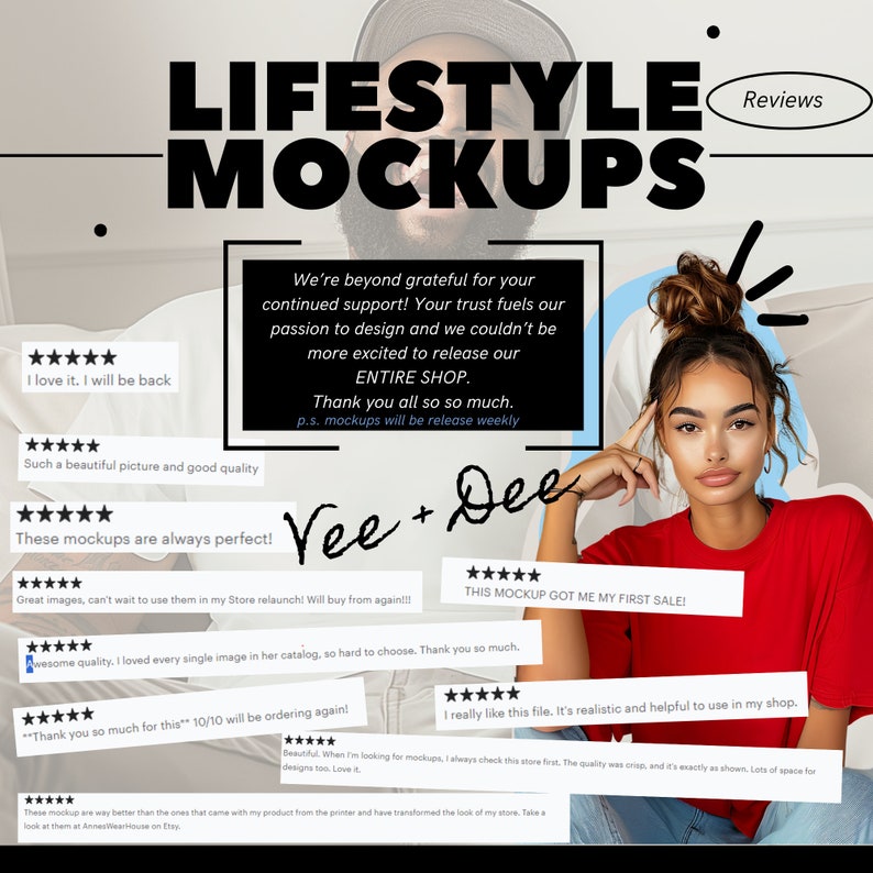Op de afbeelding: Een collage van klantbeoordelingen voor lifestyle mockups. De beoordelingen zijn positief en benadrukken de kwaliteit en bruikbaarheid van de mockups. De tekst bevat zinnen als "Deze mockups zijn altijd perfect!" en "Met deze mockup heb ik mijn eerste verkoop gedaan!"