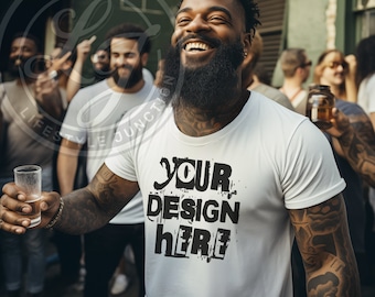 Bella Canvas 3001 Mockup: Black Male Model (PNG)