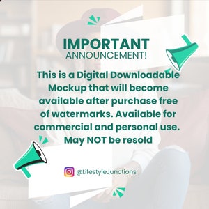 May include: An announcement graphic with the text "IMPORTANT ANNOUNCEMENT!" and details about a digital downloadable mockup. The text is on a white background with green megaphone illustrations and the Instagram handle @LifestyleJunctions.