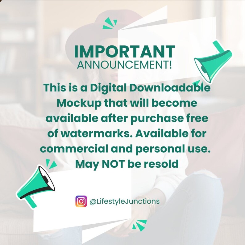 May include: An announcement graphic with the text "IMPORTANT ANNOUNCEMENT!" and details about a digital downloadable mockup. The text is on a white background with green megaphone illustrations and the Instagram handle @LifestyleJunctions.