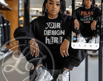 Mockup zwarte Gildan 18000-sweater: oversized, png PNGEgg