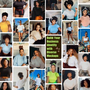 May include: A collage of images featuring diverse people wearing various clothing items, including t-shirts, sweaters, and jeans. The text "Build Your Business Identity with Diverse Mockups" is displayed in the center of the collage.