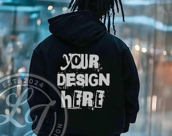 Felpa con cappuccio nera vista posteriore mockup: design urbano alla moda (PNG)