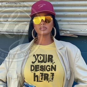 African American yellow tshirt mockup Bella Canvas 3001 mockup Gildan 64000 mockup black model mockup city view mockup Best seller mockup