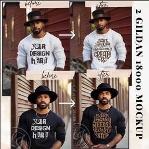 Könnte beinhalten: Zwei Mockups von Langarmshirts mit unterschiedlichen Designs. Das erste Mockup zeigt ein weißes Shirt mit dem Text "YOUR DESIGN HERE" in Schwarz. Das zweite Mockup zeigt ein schwarzes Shirt mit dem Text "EVERY JOURNEY NEEDS A FIRST STEP" in Braun. Beide Mockups zeigen einen Mann mit einem schwarzen Hut.