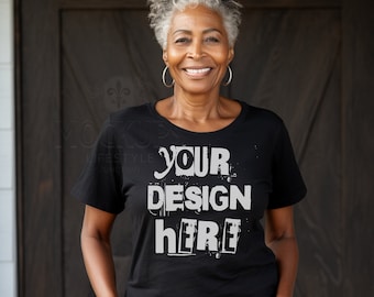 Black Bella Canvas 3001 Mockup: Senior Woman Model (PNG)