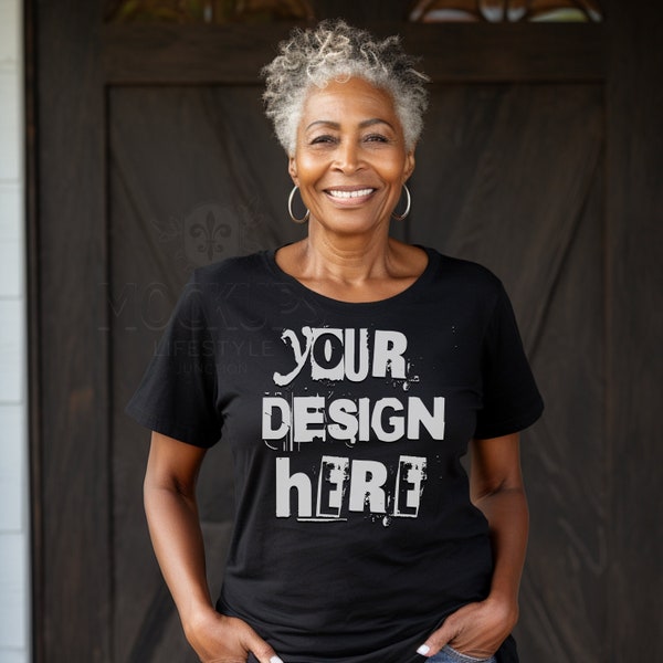 Black Model Mockup, black Bella Canvas 3001 Mockup, Old Black Woman Mock Up, Grandma Mockup, Senior Mockup, Old Lady mockup png svg mockup