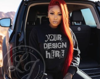 Gildan 18000 Black Sweatshirt Mockup: Woman Model (PNG)