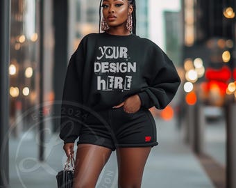 Mockup zwarte Gildan 18000-sweater: oversized, png-bestand (digitale download)