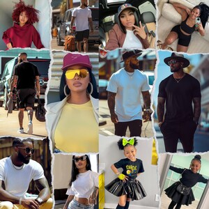 Puede incluir: Un collage de im&aacute;genes con personas que visten diferentes estilos de ropa. Las im&aacute;genes incluyen una mujer con una sudadera roja, un hombre con una camiseta negra, una mujer con una camiseta amarilla, un hombre con una camiseta azul, un hombre con una camiseta negra, una mujer con una camiseta blanca, una ni&ntilde;a con una camiseta negra con la palabra "SMILE" y una ni&ntilde;a con un vestido negro.