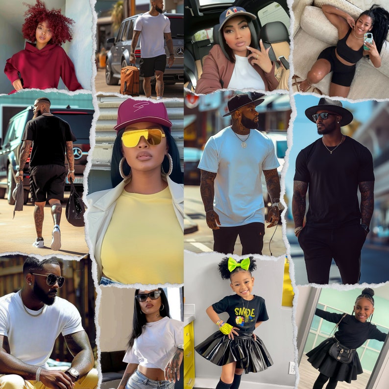 Puede incluir: Un collage de im&aacute;genes con personas que visten diferentes estilos de ropa. Las im&aacute;genes incluyen una mujer con una sudadera roja, un hombre con una camiseta negra, una mujer con una camiseta amarilla, un hombre con una camiseta azul, un hombre con una camiseta negra, una mujer con una camiseta blanca, una ni&ntilde;a con una camiseta negra con la palabra "SMILE" y una ni&ntilde;a con un vestido negro.