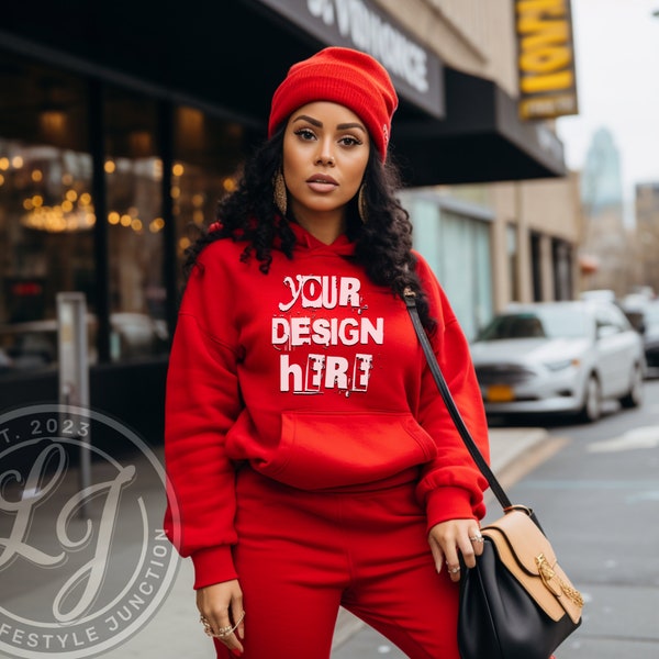 Female red Hoodie Mockup red Model Mockup  red Gildan 18500 Sweatshirt Mockup Black Girl Mockup African American Woman red Sweater Urban