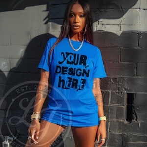 Realistic Black women blue Tshirt Mockup African American oversized tshirt black model mockup blue Tshirt mockup black girl mockup