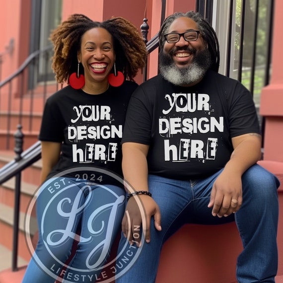 Black T-Shirt Mockup: African American Couple Bella Canvas 3001 (PNG)