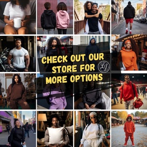 Peut inclure: Un collage de photos mettant en sc&egrave;ne des personnes portant des sweats &agrave; capuche de diff&eacute;rentes couleurs. Le texte "CHECK OUT OUR STORE FOR MORE OPTIONS" est affich&eacute; au centre de l'image.