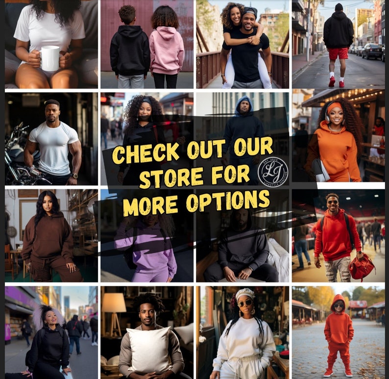 Peut inclure: Un collage de photos mettant en sc&egrave;ne des personnes portant des sweats &agrave; capuche de diff&eacute;rentes couleurs. Le texte "CHECK OUT OUR STORE FOR MORE OPTIONS" est affich&eacute; au centre de l'image.