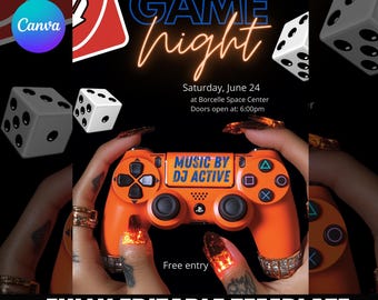May include: A flyer for a game night event at the Borcelle Space Center. The flyer features a neon sign that says "Game Night" and a game controller with the text "Music by DJ Active". The event is on Saturday, June 24th at 6:00pm and is free to attend.