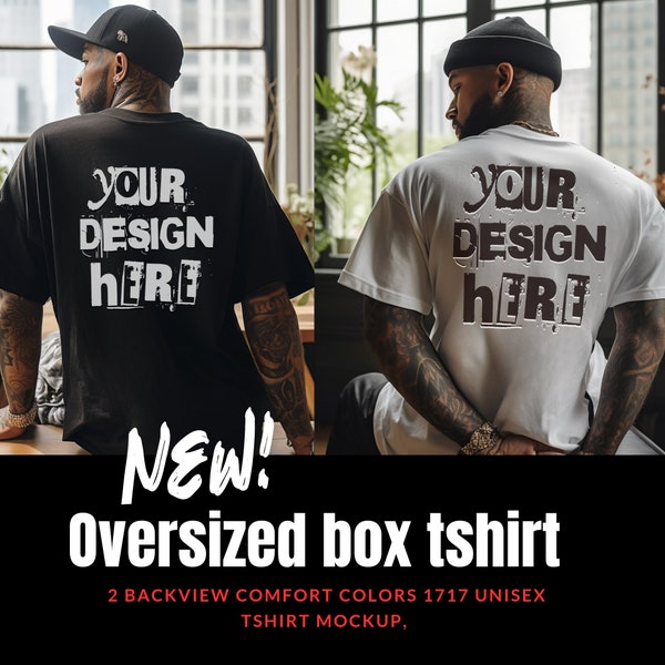 Backview Comfort colors C1717 mockup African American male black and white  oversized TShirt Mockup streetwear mockup box tee mockup